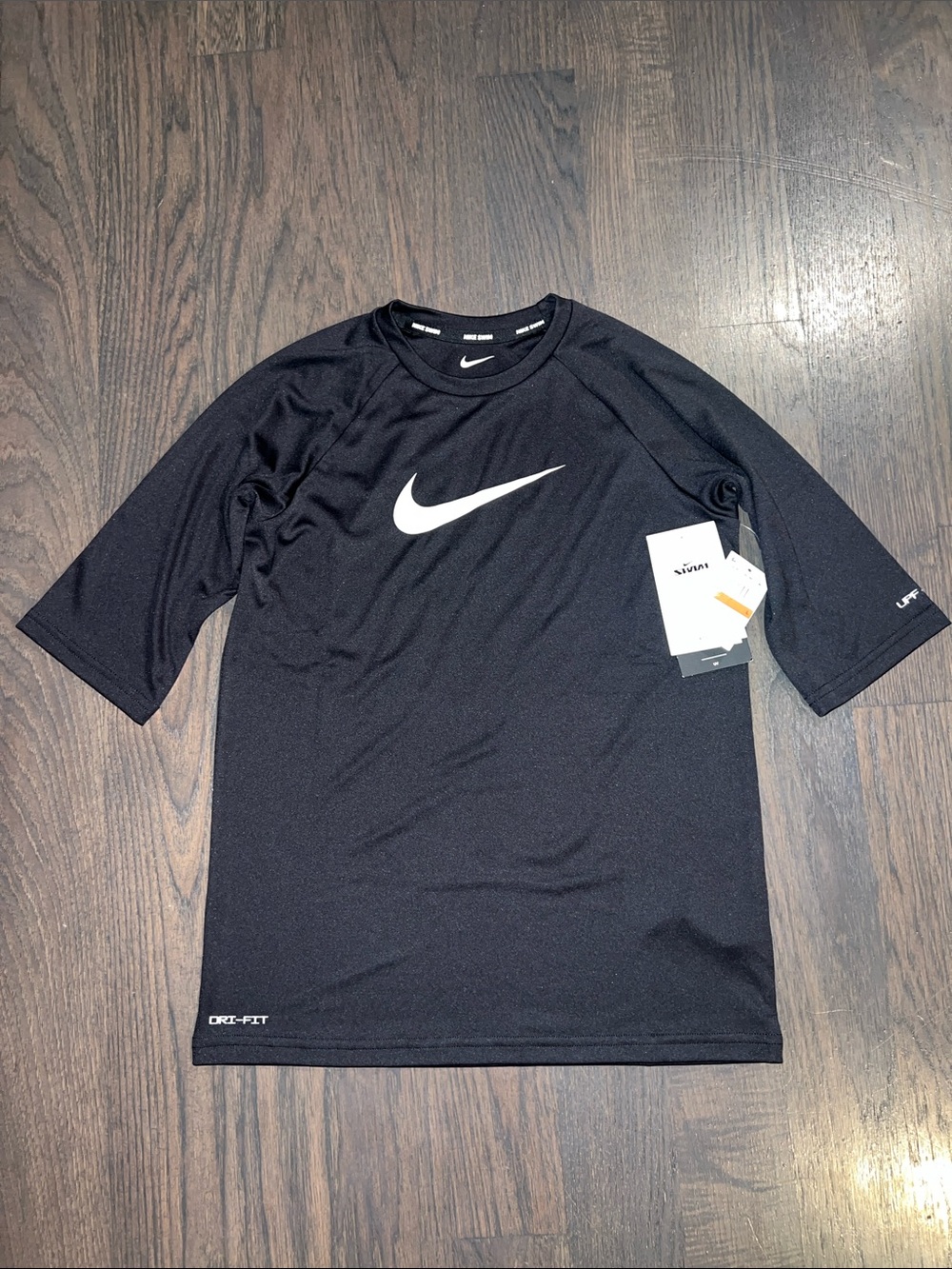 Nike Black Short Sleeve Dri-FIT Athletic Tee with White Swoosh Rashguard Size- L